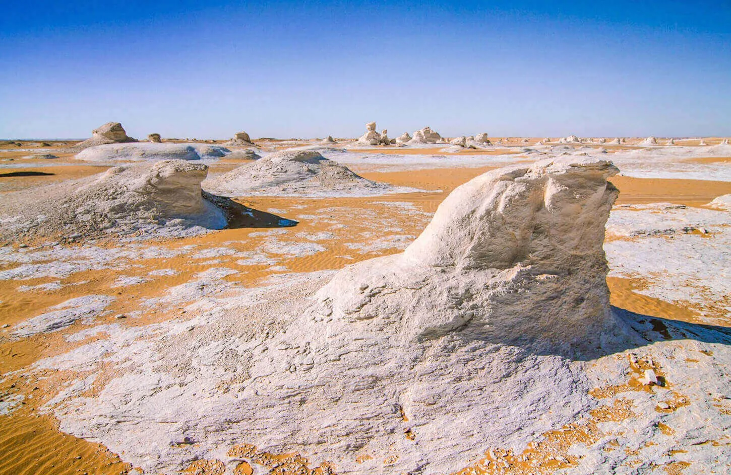 travelers exploring surreal white chalk limestone formations under bright blue skies in the egyptian white desert