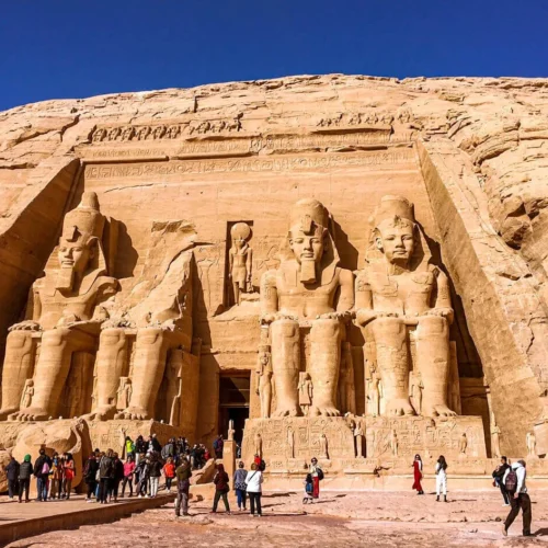 panoramic view showing both the great temple of ramesses ii and the smaller temple of nefertari at abu simbel
