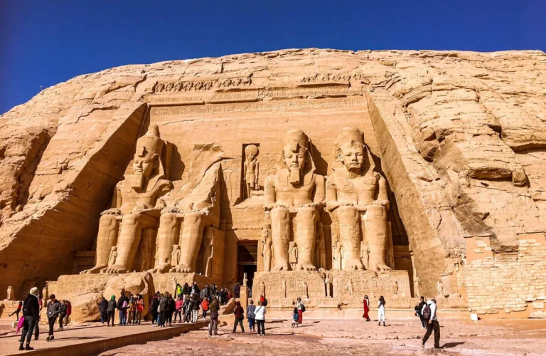 panoramic view showing both the great temple of ramesses ii and the smaller temple of nefertari at abu simbel