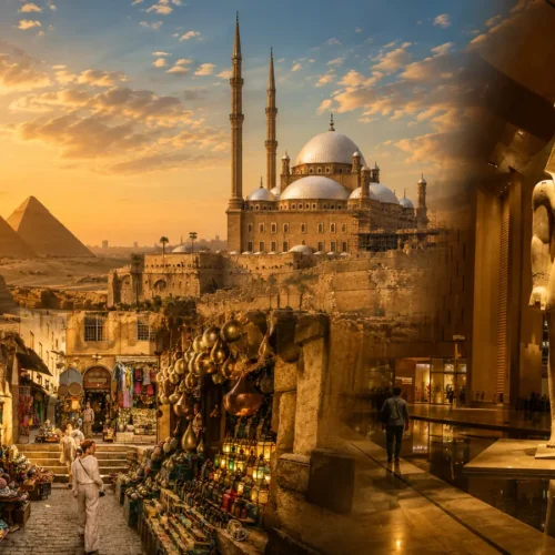 Composite of the Giza pyramids, the Muhammad Ali Mosque at the Citadel, and the Ramses II statue at the Grand Egyptian Museum