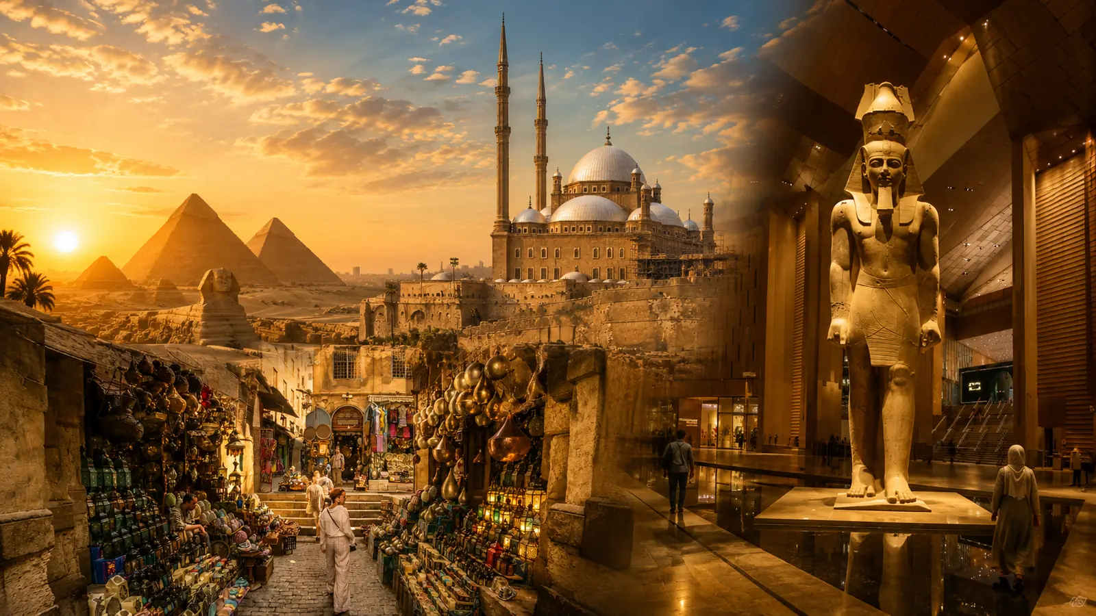 Composite of the Giza pyramids, the Muhammad Ali Mosque at the Citadel, and the Ramses II statue at the Grand Egyptian Museum