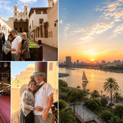 Composite of Coptic Cairo Travelers, a mosque interior, and a Nile sunset with a felucca
