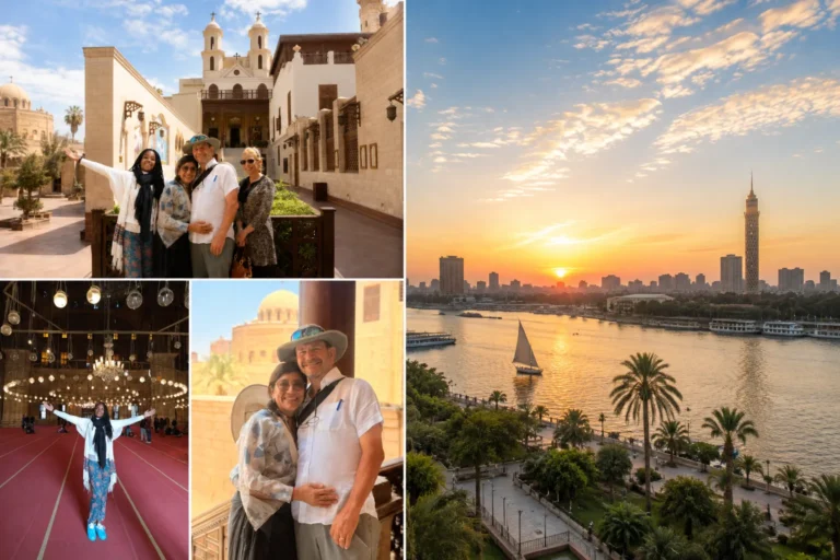 Composite of Coptic Cairo Travelers, a mosque interior, and a Nile sunset with a felucca