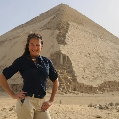 Woman standing in front of the Bent Pyramid at Dahshur
