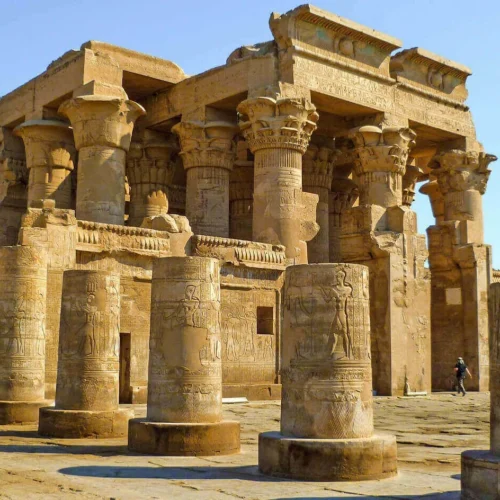 ancient sandstone facade of kom ombo temple overlooking the nile river on a day trip from luxor
