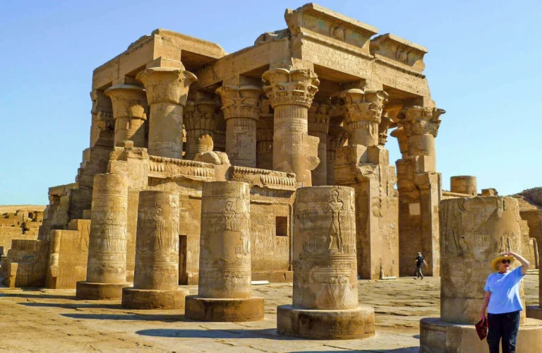 ancient sandstone facade of kom ombo temple overlooking the nile river on a day trip from luxor