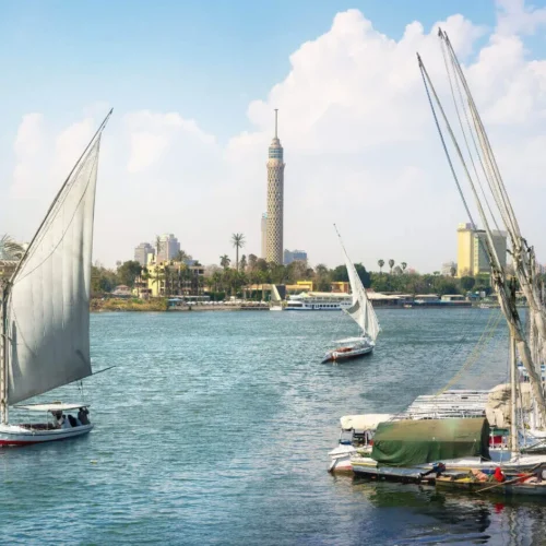 traditional wooden sailboat felucca gliding peacefully across the river nile in cairo at sunset