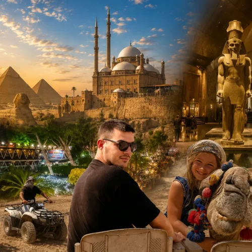 Composite of Giza pyramids, ATV riders, camels, and a Nile dinner cruise at dusk