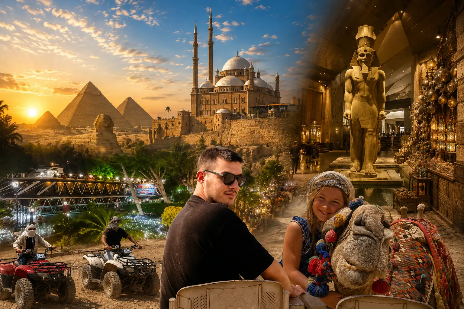 Composite of Giza pyramids, ATV riders, camels, and a Nile dinner cruise at dusk