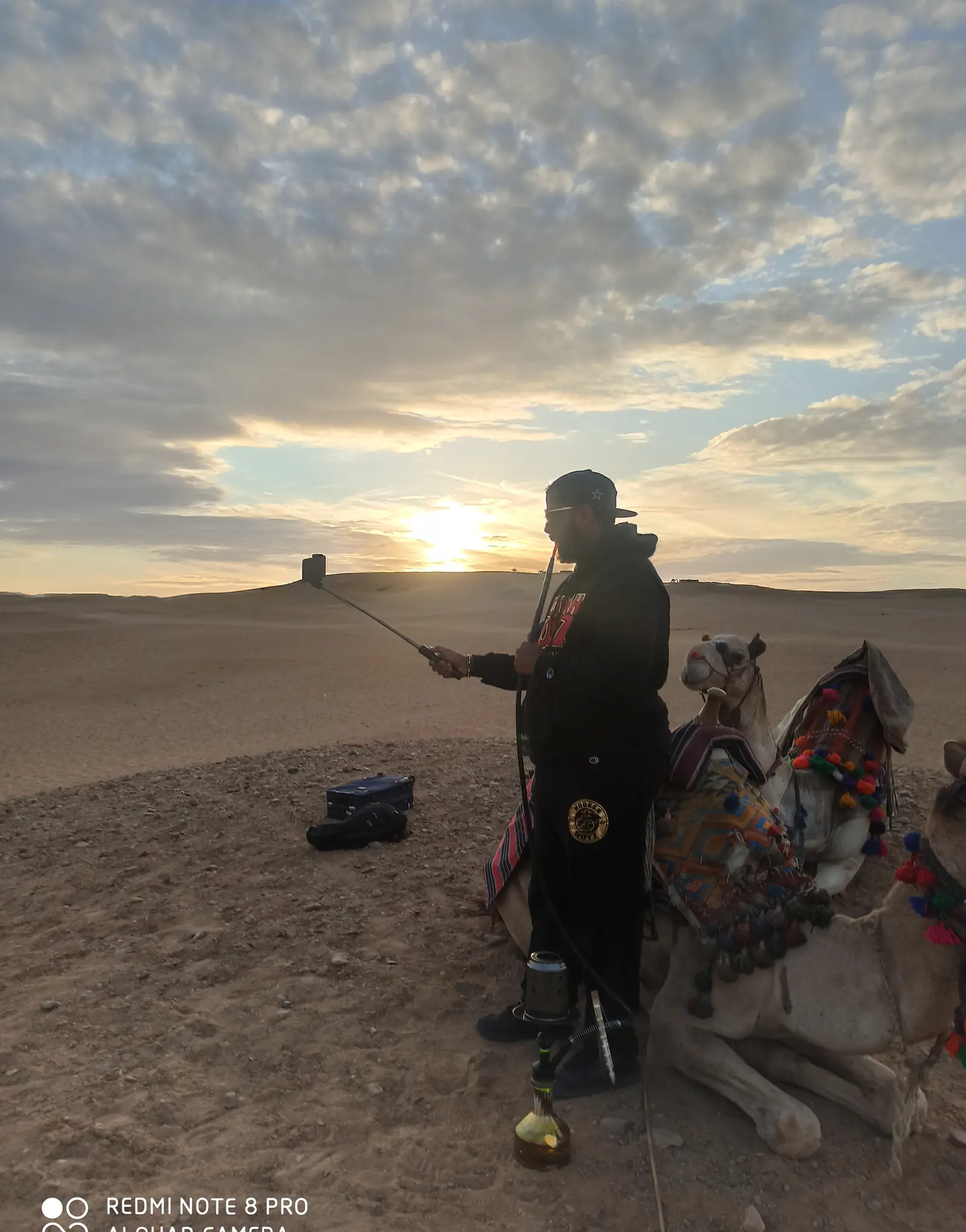 Traveler with camels at golden hour on the desert dunes near Giza