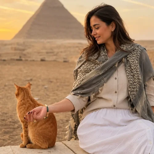 Traveler seated with a ginger cat on a stone wall, Great Pyramid at golden hour