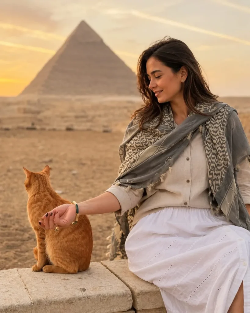 Traveler seated with a ginger cat on a stone wall, Great Pyramid at golden hour
