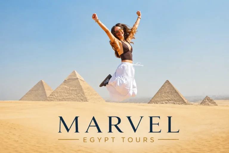 Traveler jumping for joy in front of the Giza pyramids
