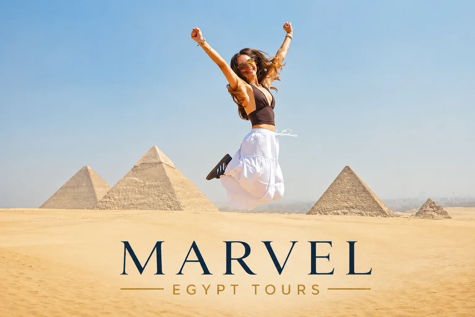 Traveler jumping for joy in front of the Giza pyramids
