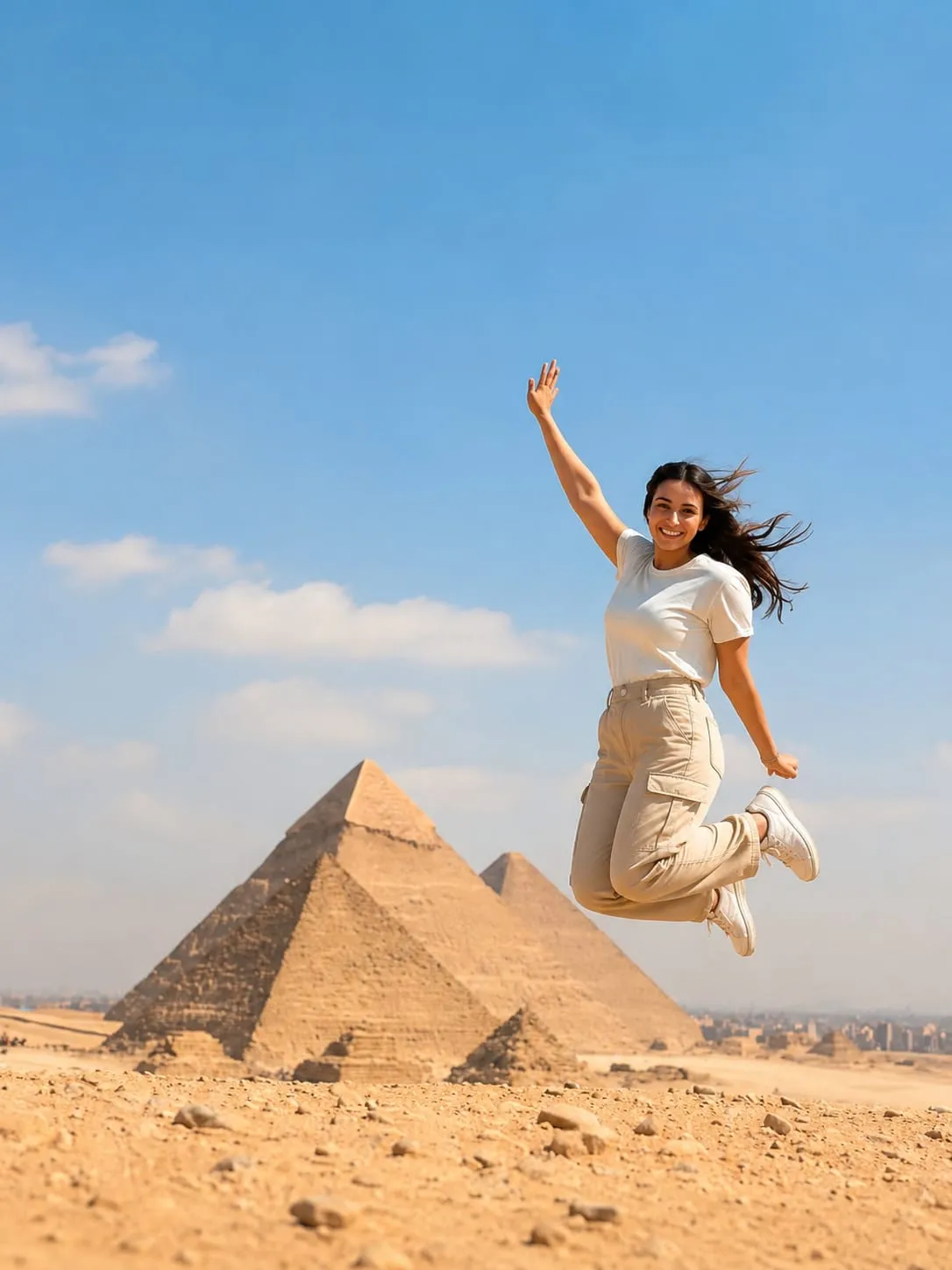 Traveler in a white tee jumping with arms raised before the Giza pyramids