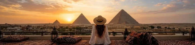 Traveler in a white dress and straw hat on a rooftop terrace, looking out at the Giza pyramids during a golden sunset
