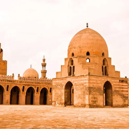 Courtyard and spiral minaret of the Mosque of Ibn Tulun in Islamic Cairo