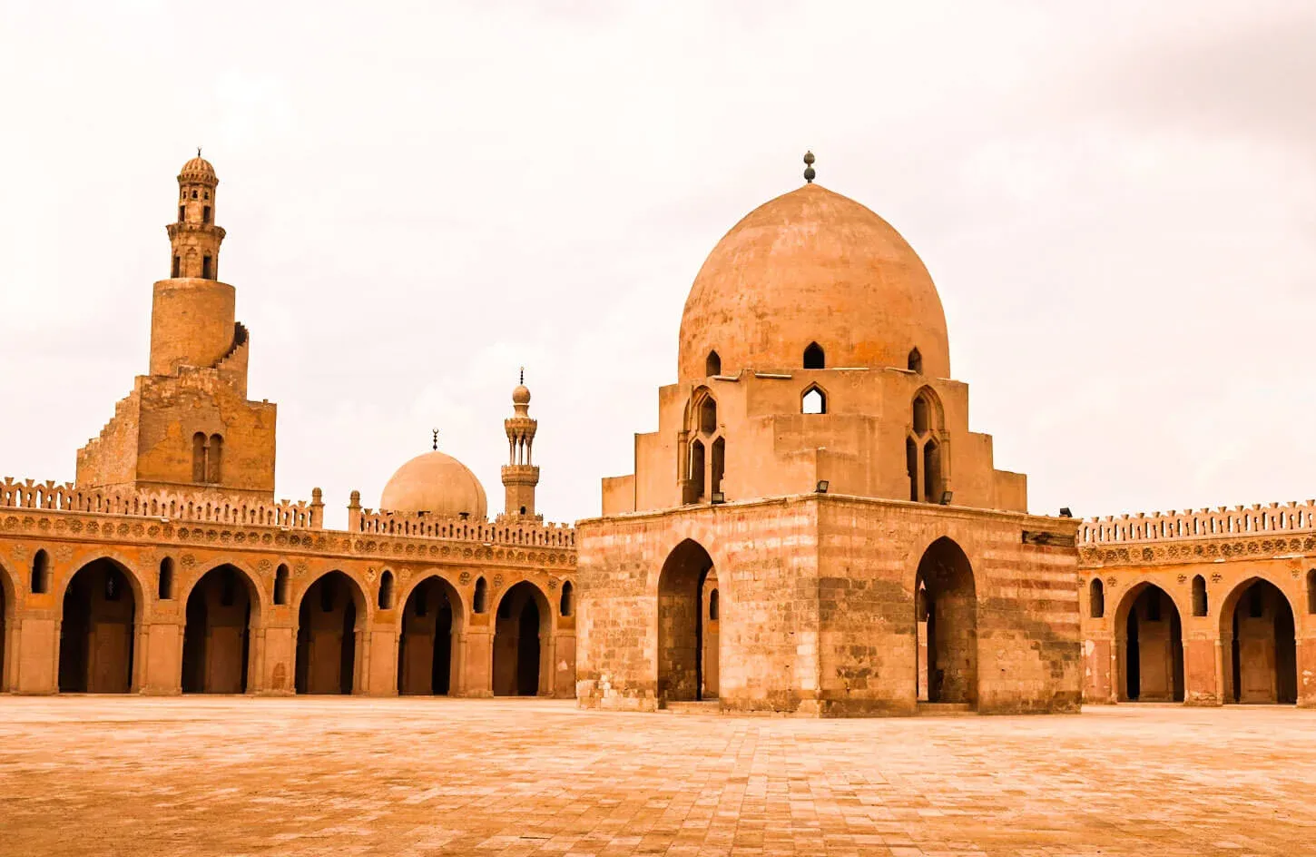 Courtyard and spiral minaret of the Mosque of Ibn Tulun in Islamic Cairo