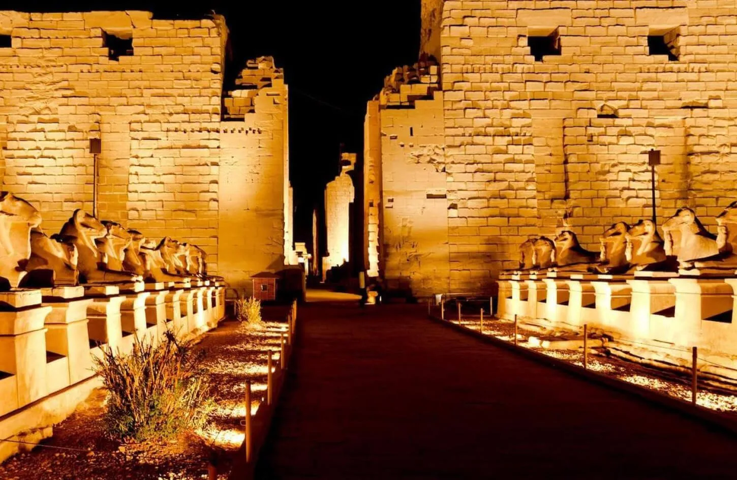 dramatic evening lighting on the avenue of sphinxes at karnak temple during the sound and light show