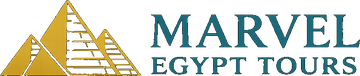 Marvel Egypt Tours logo with golden pyramids and teal wordmark