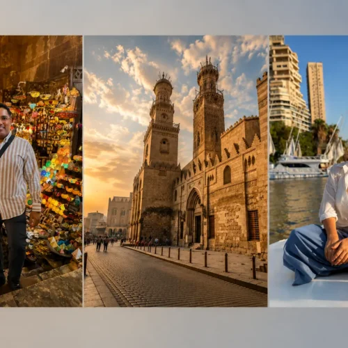 Composite of Khan El Khalili lanterns, Al-Muizz Street minarets, and a Nile felucca sail
