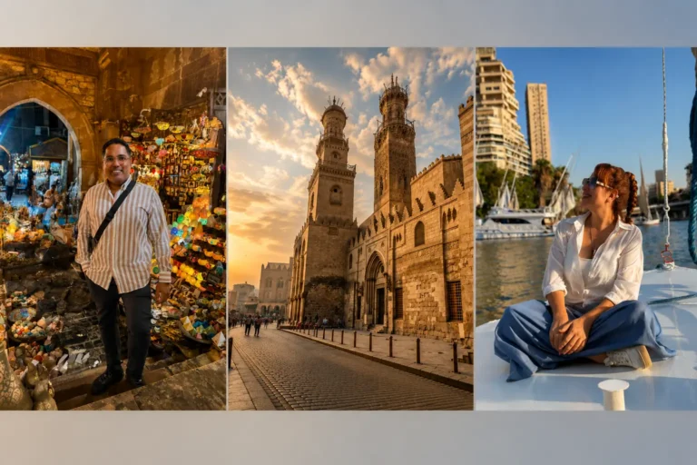 Composite of Khan El Khalili lanterns, Al-Muizz Street minarets, and a Nile felucca sail