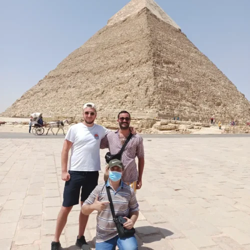 Three Travelers in front of the Pyramid of Khafre at Giza