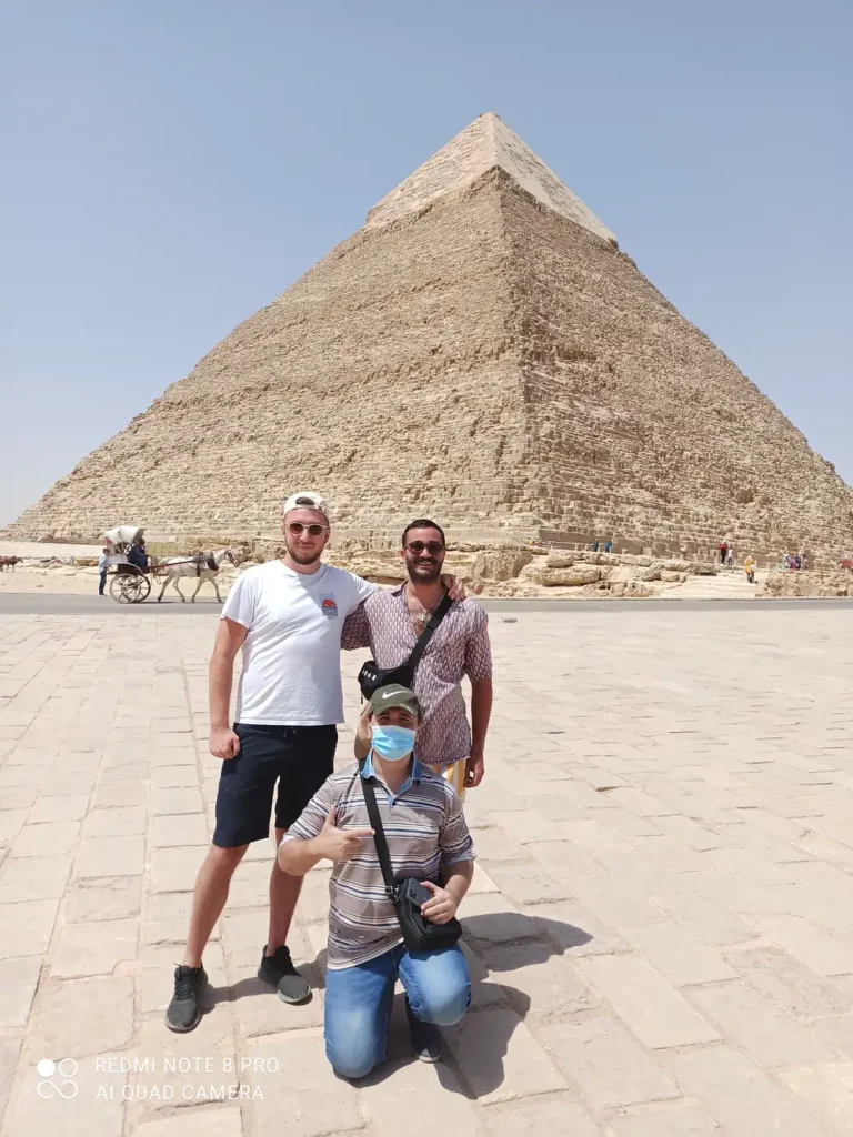 Three Travelers in front of the Pyramid of Khafre at Giza