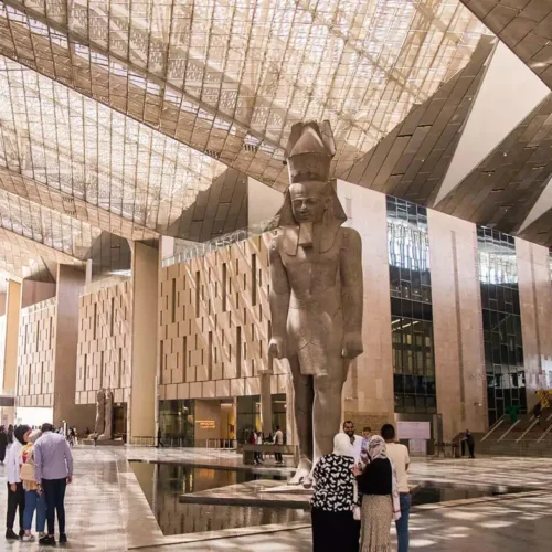 Colossal statue of Ramses II in the Grand Hall of the Grand Egyptian Museum