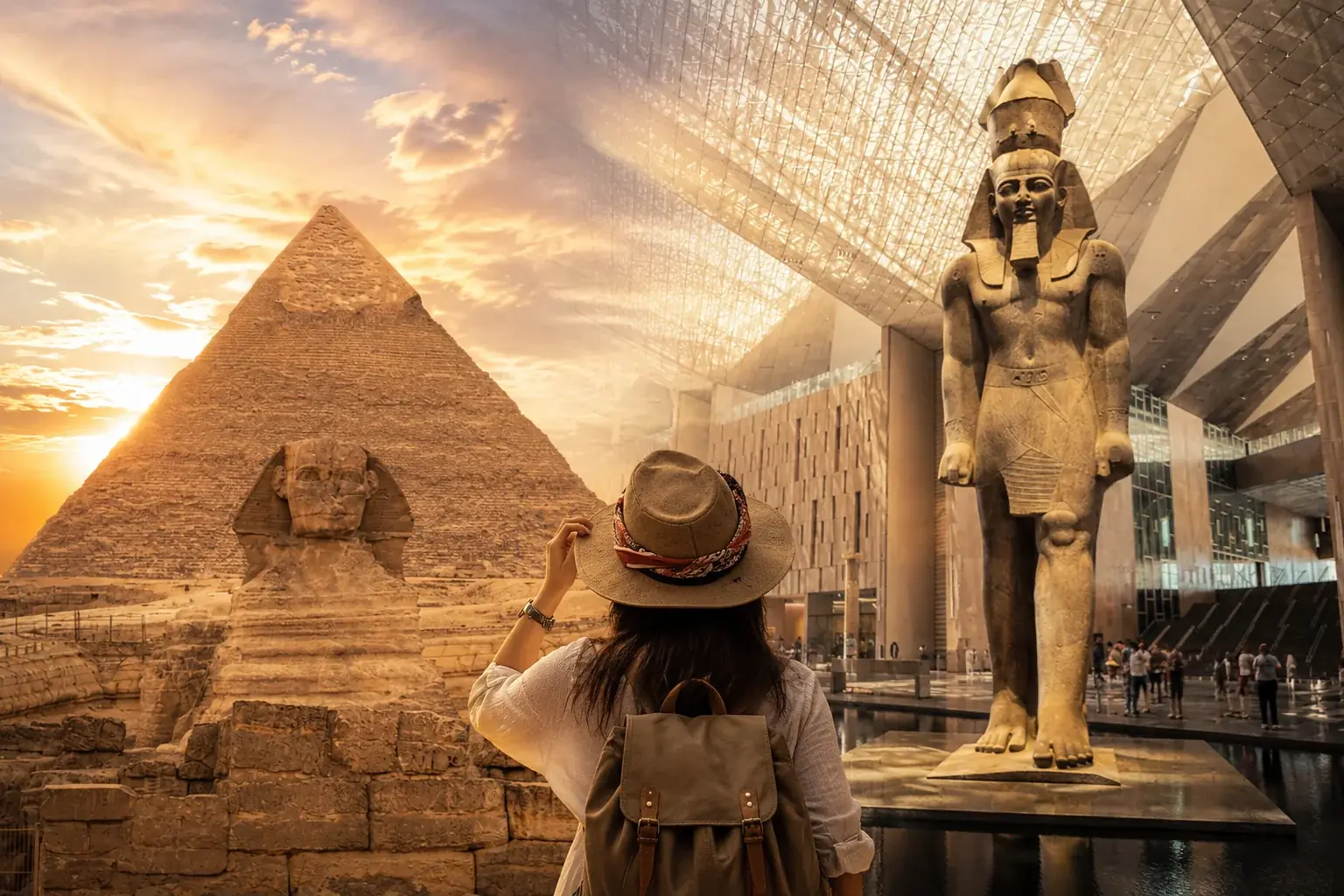 Traveler viewing the Khafre pyramid and Sphinx beside the colossal Ramses II statue at the Grand Egyptian Museum