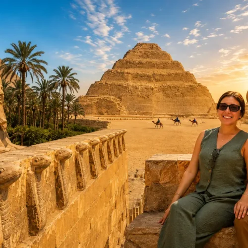 Couple at Saqqara with the Step Pyramid of Djoser, a sphinx statue and palm trees at sunset