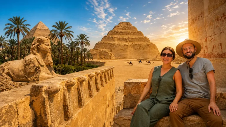 Couple at Saqqara with the Step Pyramid of Djoser, a sphinx statue and palm trees at sunset