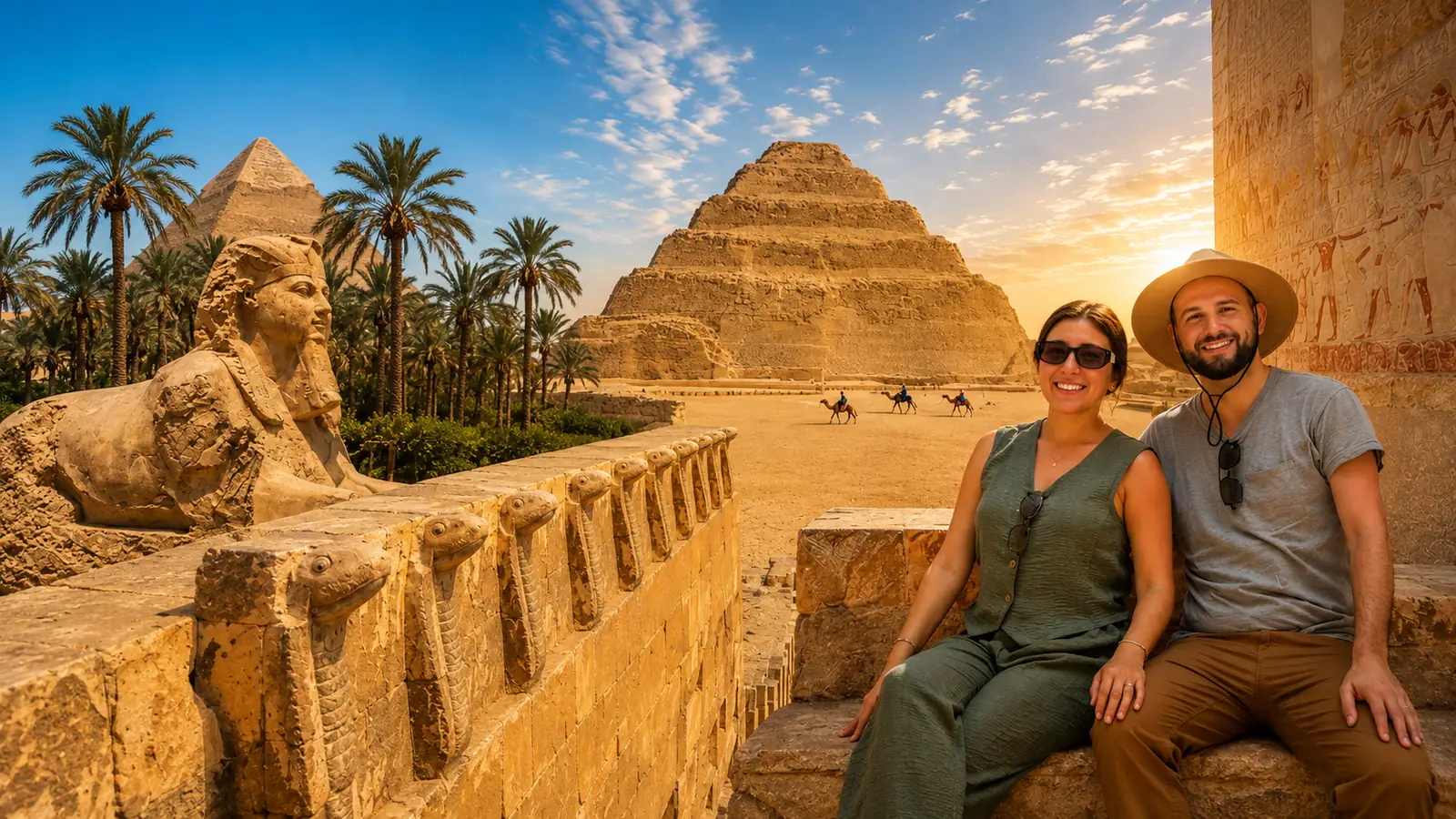 Couple at Saqqara with the Step Pyramid of Djoser, a sphinx statue and palm trees at sunset