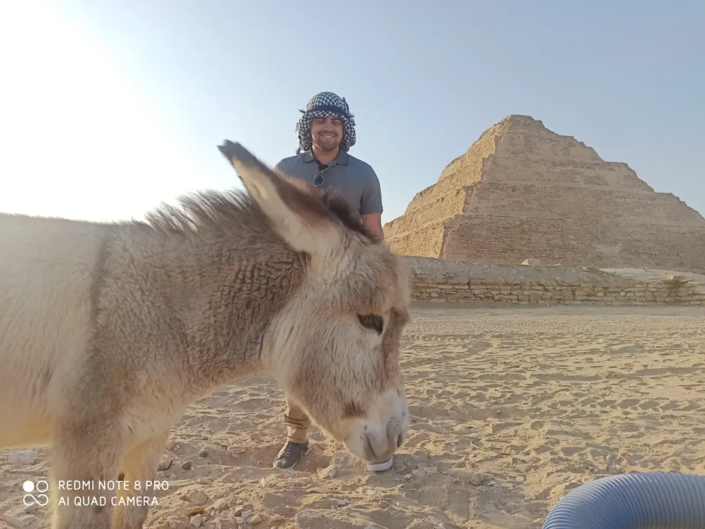 Traveler with a donkey in front of the Step Pyramid of Djoser at Saqqara