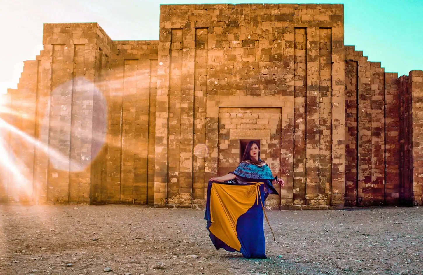 Traveler in front of the enclosure wall of the Step Pyramid at Saqqara