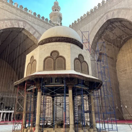 Courtyard of the Mosque-Madrasa of Sultan Hassan with the ablution dome and iwans