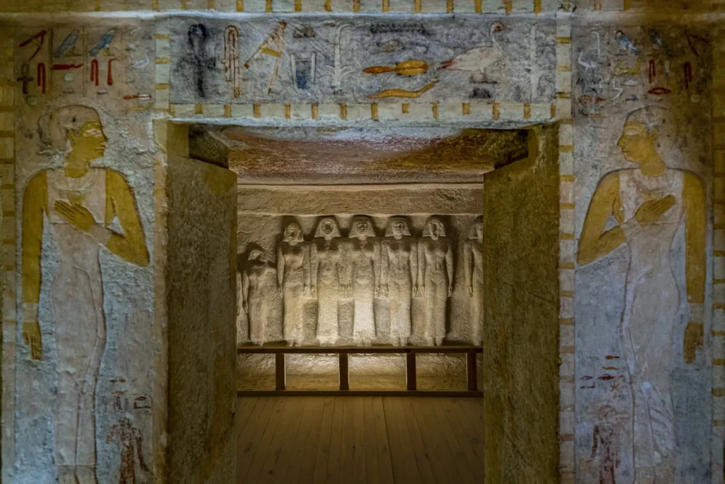 Painted doorway and statue niche inside the Tomb of Meresankh III at Giza