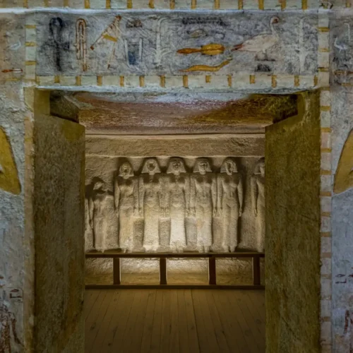 Painted doorway and statue niche inside the Tomb of Meresankh III at Giza