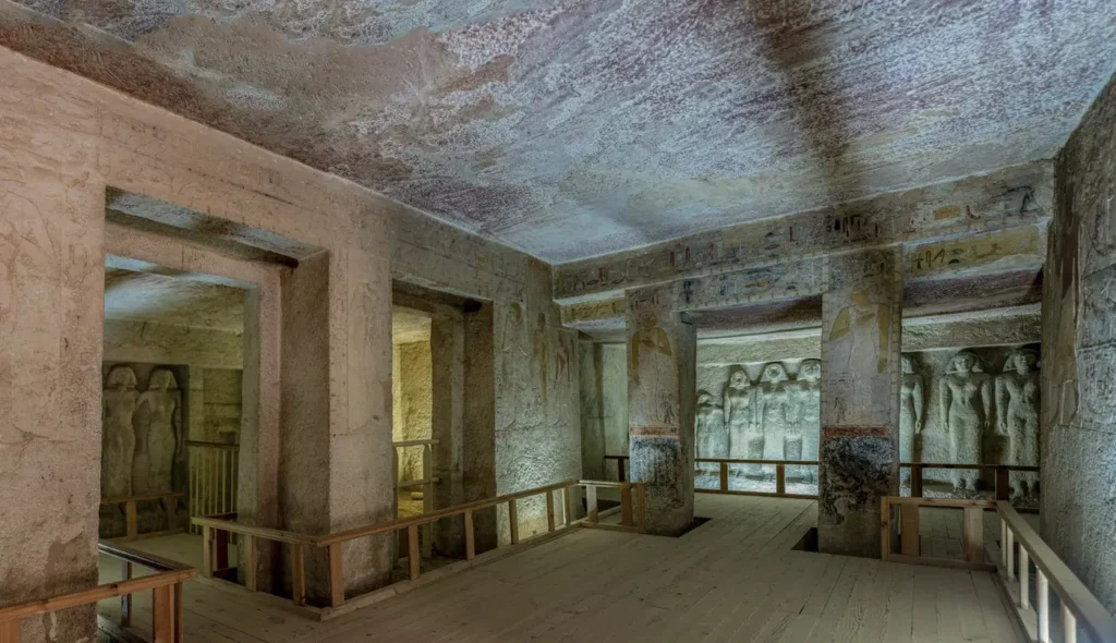 Colorful reliefs and pillared chamber inside the Tomb of Meresankh III