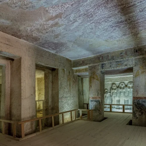 Colorful reliefs and pillared chamber inside the Tomb of Meresankh III