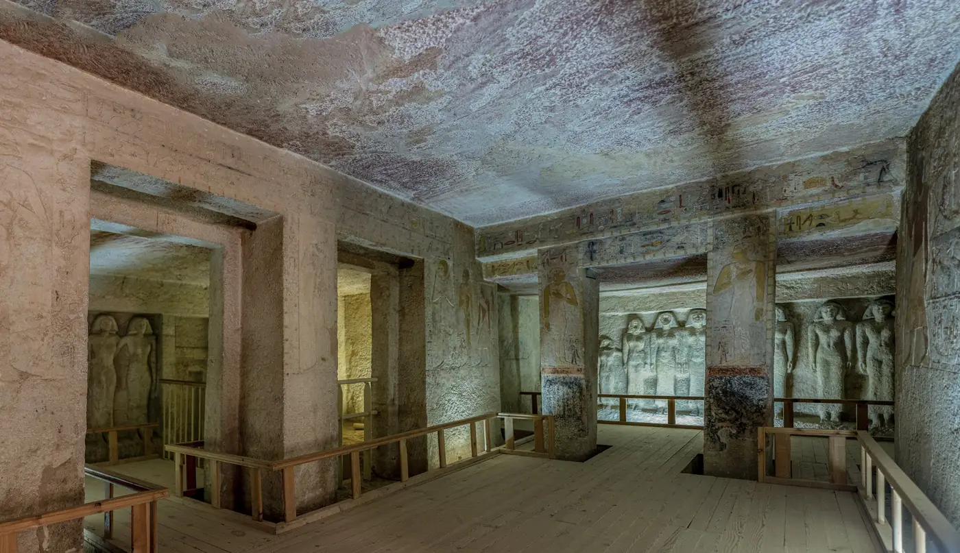 Colorful reliefs and pillared chamber inside the Tomb of Meresankh III