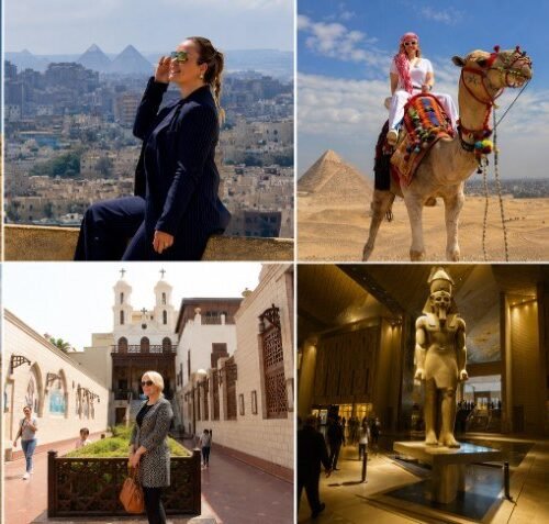 Collage of traveler moments at the Sphinx, Cairo pyramid overlook, camel ride, Saqqara, Coptic Cairo, GEM, and ancient ruins