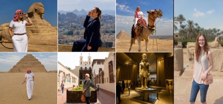 Collage of traveler moments at the Sphinx, Cairo pyramid overlook, camel ride, Saqqara, Coptic Cairo, GEM, and ancient ruins