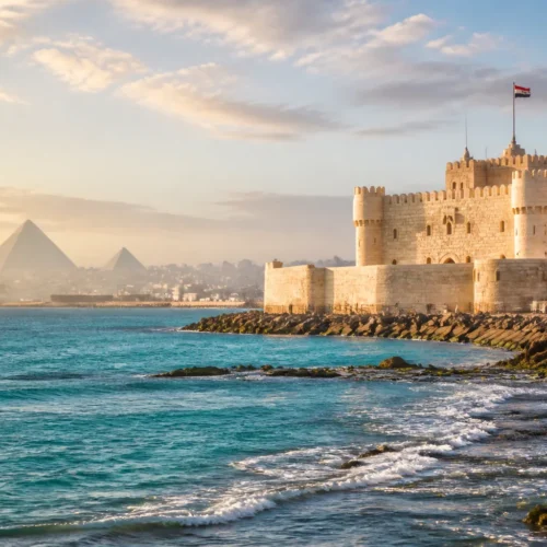 Qaitbay Citadel on the Mediterranean shoreline in Alexandria under soft morning light