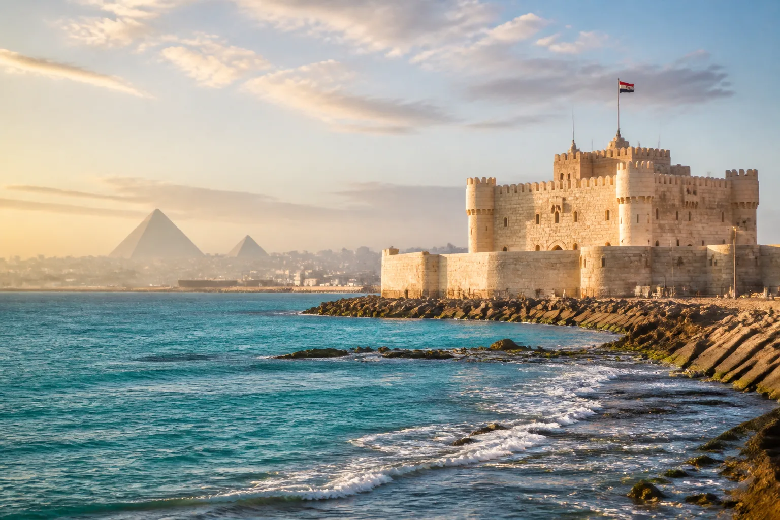 Qaitbay Citadel on the Mediterranean shoreline in Alexandria under soft morning light