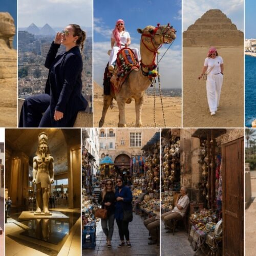 Collage of traveler moments across Giza Sphinx, pyramids, camel ride, Saqqara, Alexandria Corniche, Old Cairo, GEM, and Khan el-Khalili