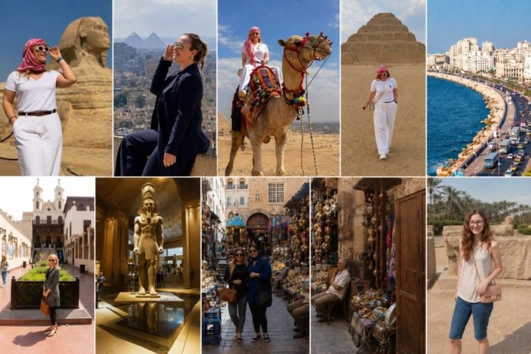 Collage of traveler moments across Giza Sphinx, pyramids, camel ride, Saqqara, Alexandria Corniche, Old Cairo, GEM, and Khan el-Khalili