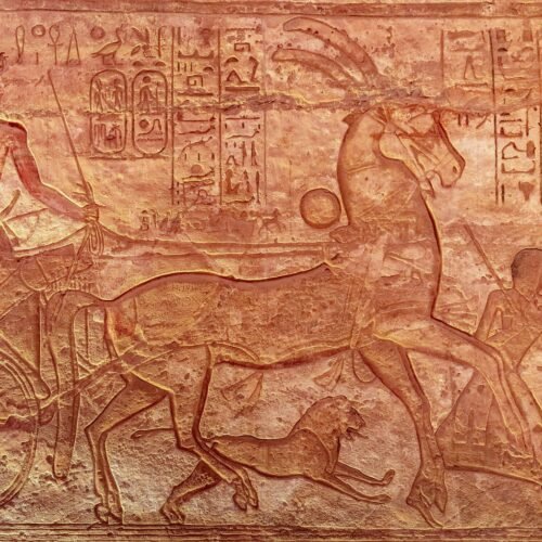 Bas-relief of Ramesses II on his chariot during the Battle of Kadesh against the Hittite Empire under Muwatalli II, south wall in the Hypost