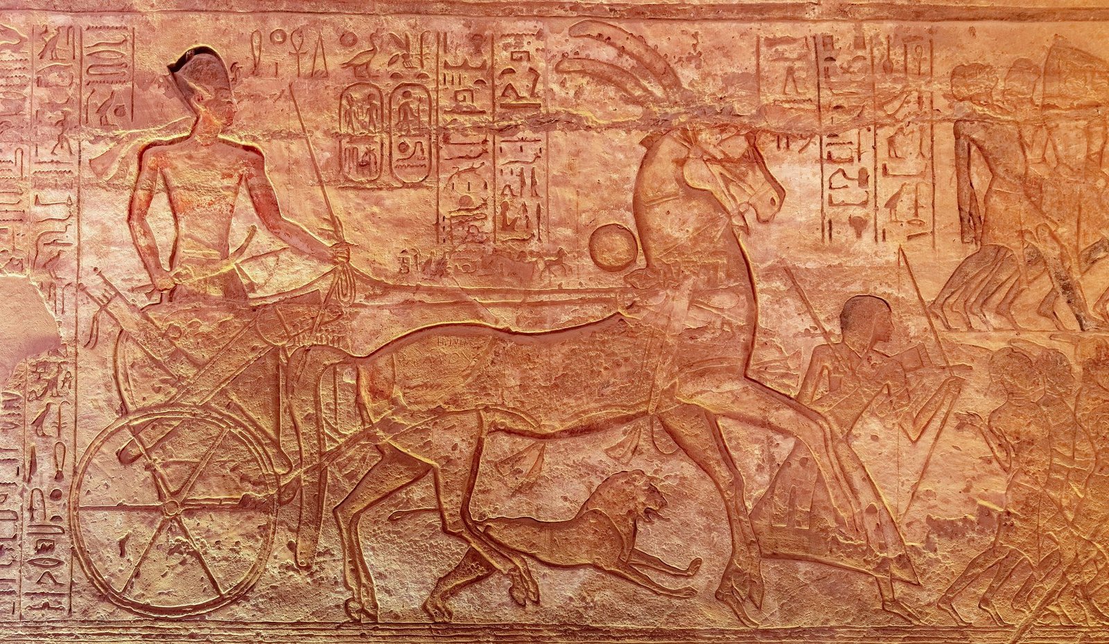 Bas-relief of Ramesses II on his chariot during the Battle of Kadesh against the Hittite Empire under Muwatalli II, south wall in the Hypost