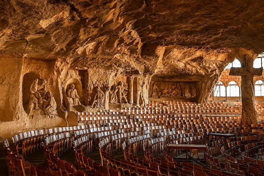 Interior of St. Simon Cave Church amphitheater with wooden chairs and large biblical bas-reliefs carved into the rock walls
